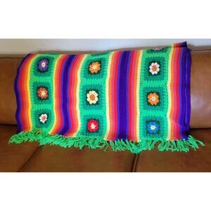 Afghan Throw Blanket Rainbow Floral Multicolor 64” x 43” Handmade Crochet